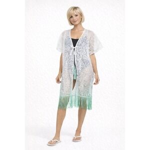 America & Beyond Sheer Lace Fringe Beach Cover Up OS Boho Swim Tunic Coastal NWT